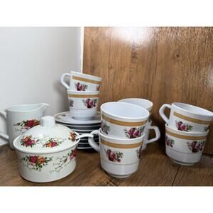 Vintage Rose Tea Set Sugar Creamer 8 Cups & Saucers
